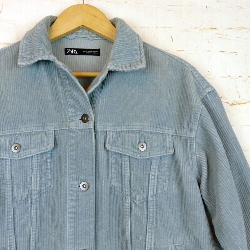 Zara Oversized Corduroy Trucker Jacket Womens XS Baby Blue Raw Hem Gorpcore 90s - Picture 7 of 14